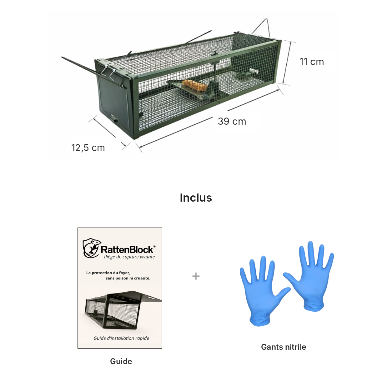 Dimensions du piège à rat non létal RattenBlock avec gants et notice d’utilisation inclus